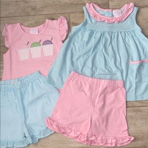 Stitchy Fish Girls 5T Summer Short Sets Pink Ice Cream White Blue Check Gingham